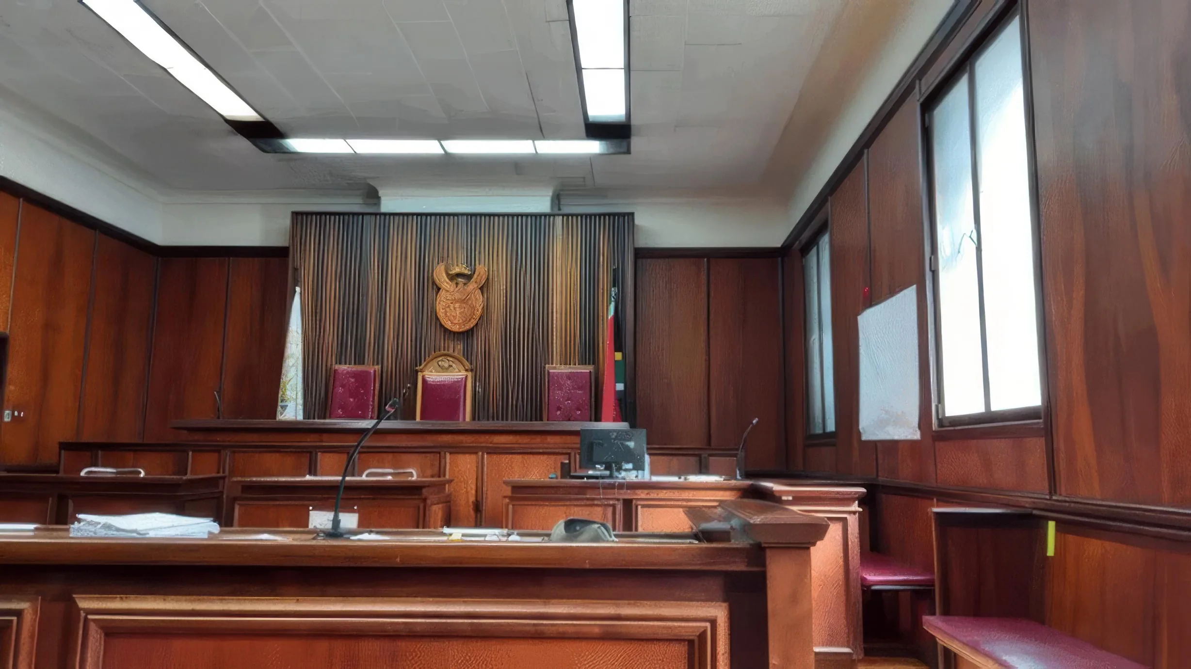 The interior of a South African courtroom, with the bench, flags and coat of arms set in warm wood panelling.