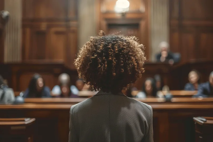 An attorney stands to address a courtroom, the seated gallery and bench ahead.