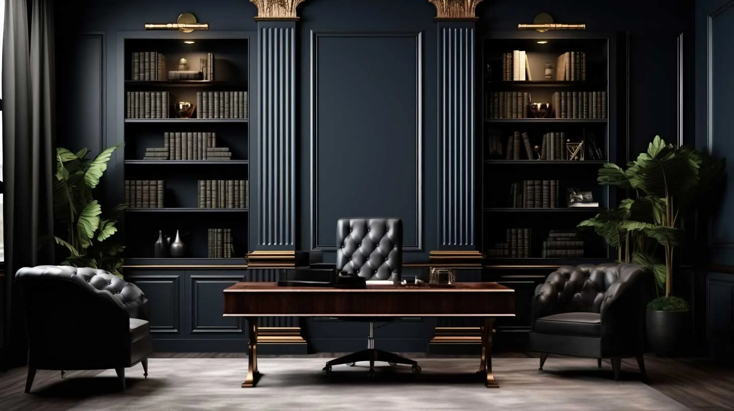 A stately law office in deep navy: leather chairs, panelled walls and shelves of bound volumes in warm lamplight.
