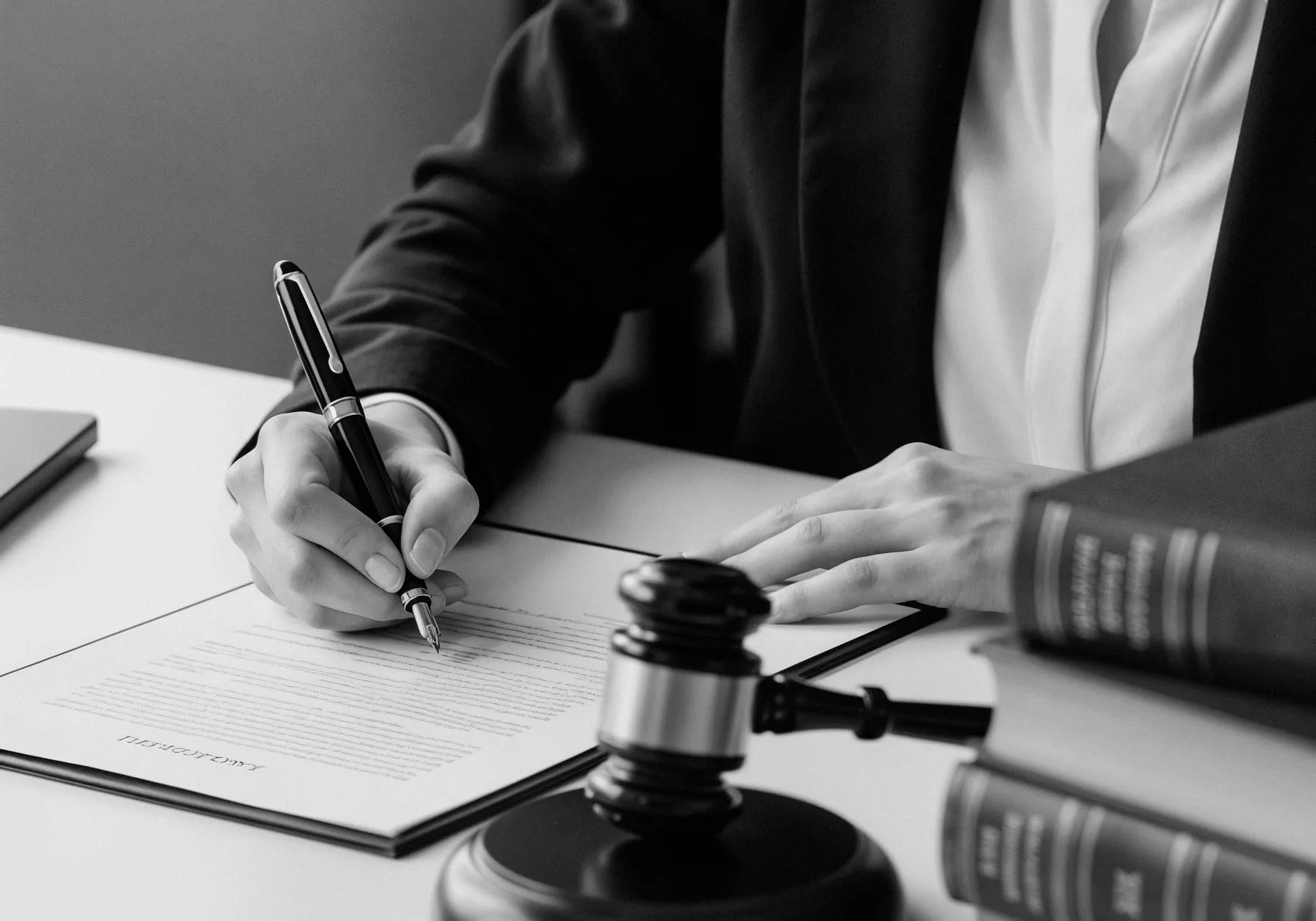 A lawyer in a dark suit signs a document at a desk, a gavel and law reports beside them.