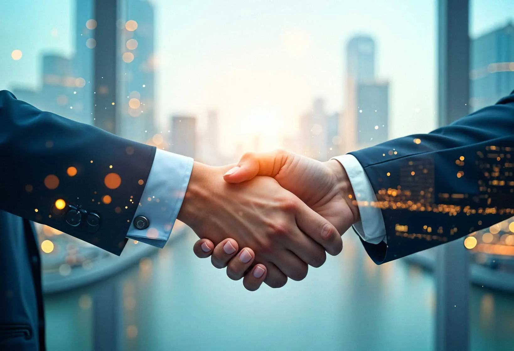 Two businesspeople shake hands against a soft city skyline scattered with golden light.