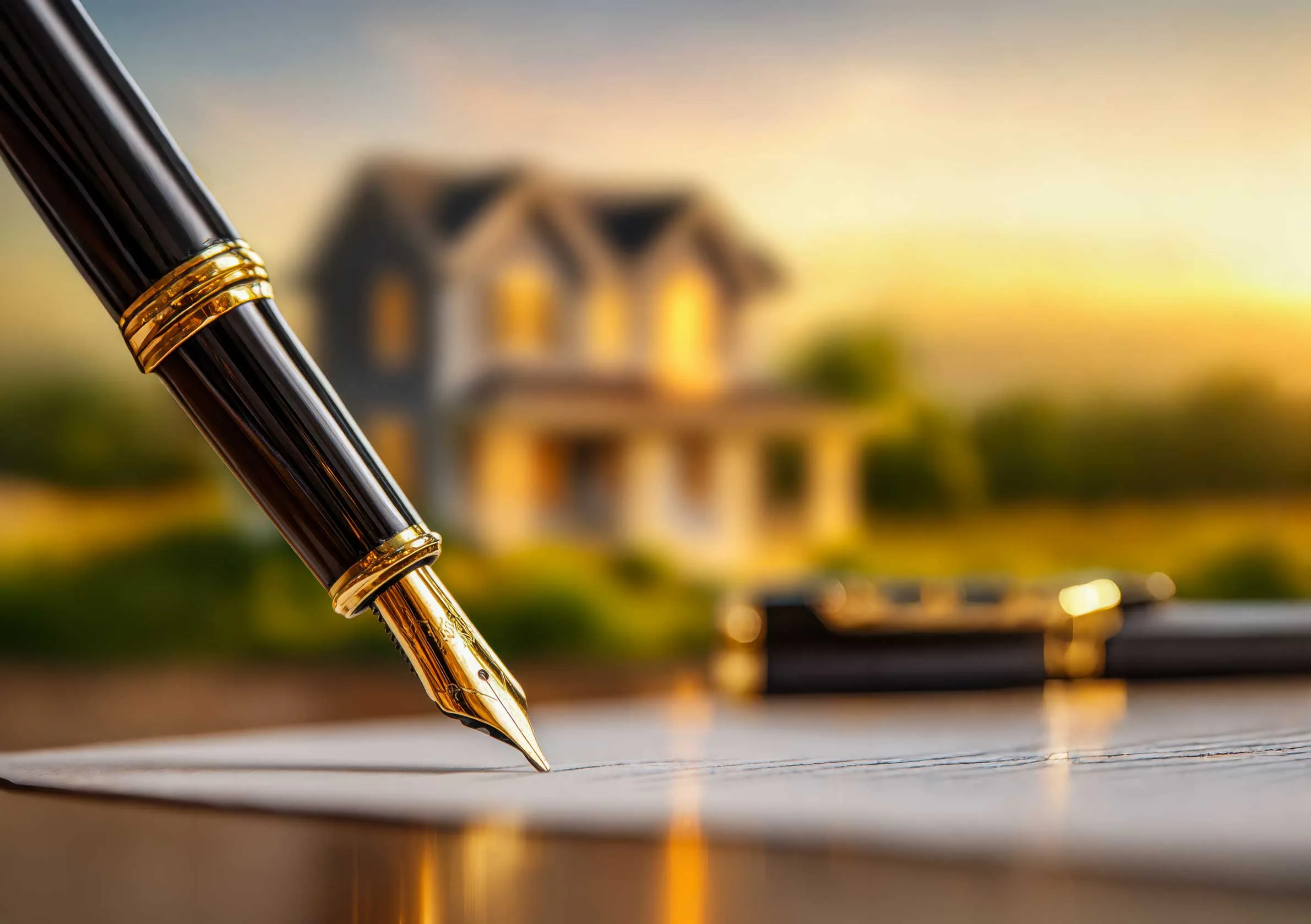 A gold-nibbed fountain pen signs a document, a family home glowing in the golden-hour light behind.
